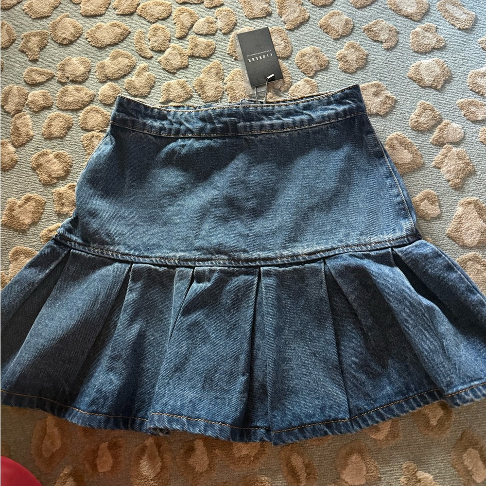 Lioness Denim Pleated Skater Skirt - Blue